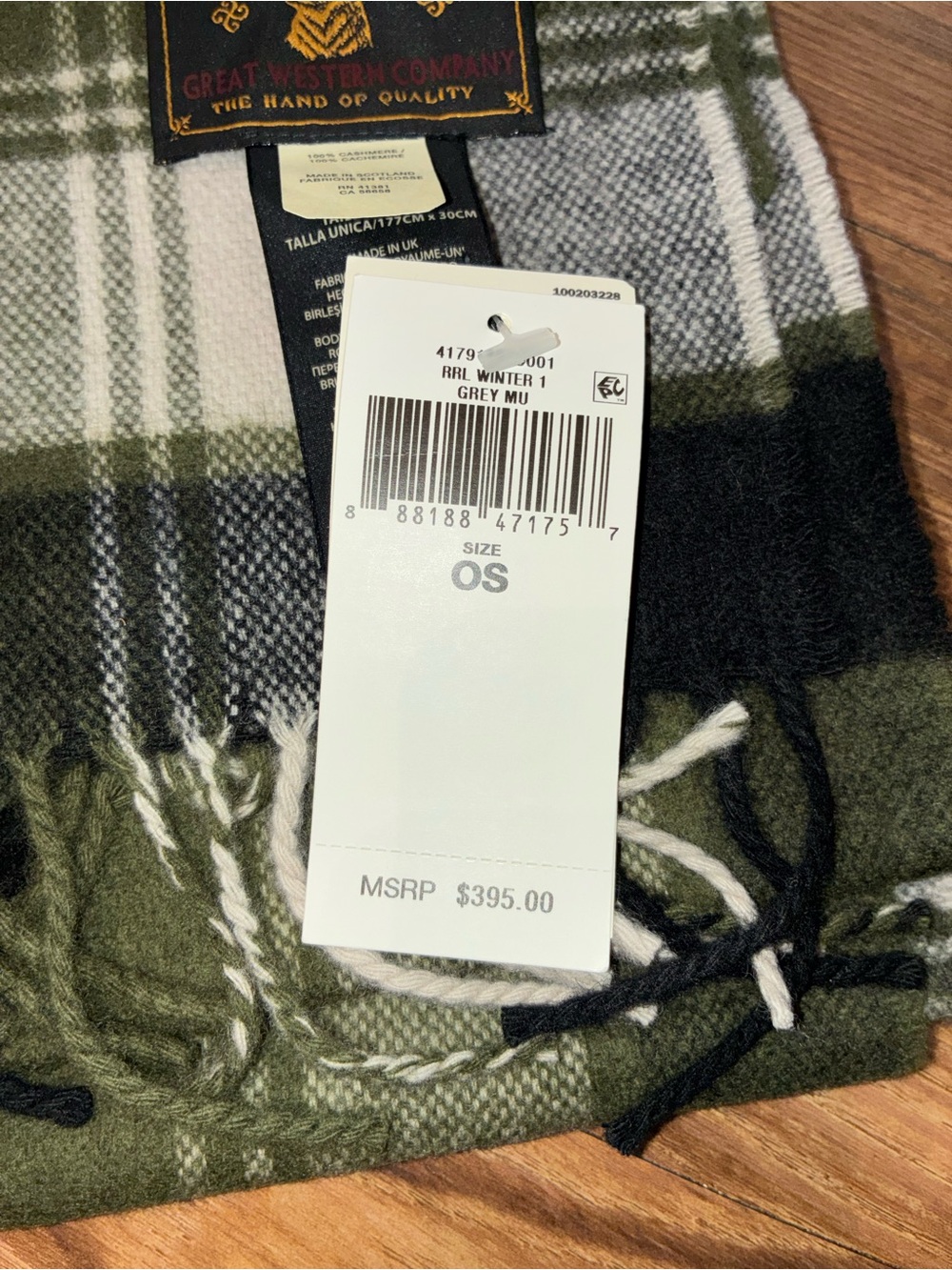RRL Celtic Olive Cashmere Plaid Fringe Scarf - Picture 2 of 4